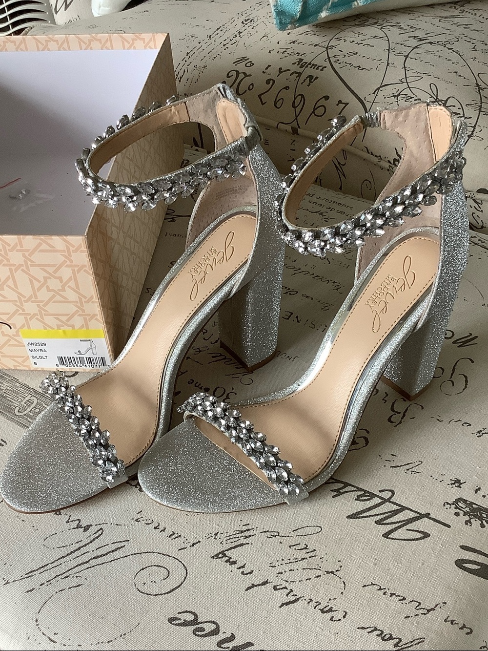 Jessica Silver Glitter Crystal Ankle-Strap Block Heels